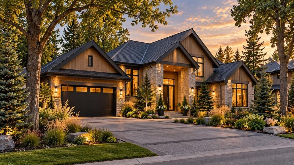 Custom home integrated with mature trees on an established property.