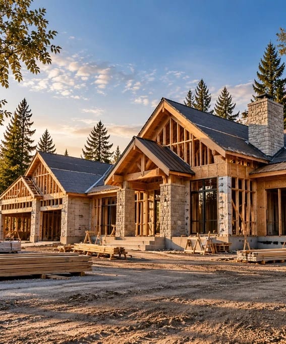 Custom home under construction with pitched roof framing in an Alberta setting.