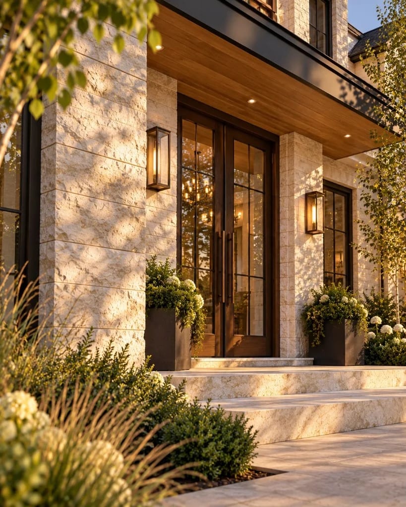 Stone entry with dark timber double doors, warm soffit lighting and flanking planters in late sunlight