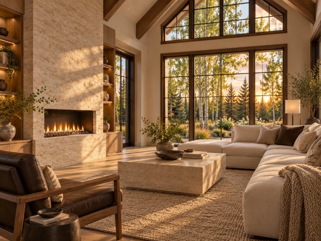 Warm vaulted living room opening through tall windows toward a forest sunset